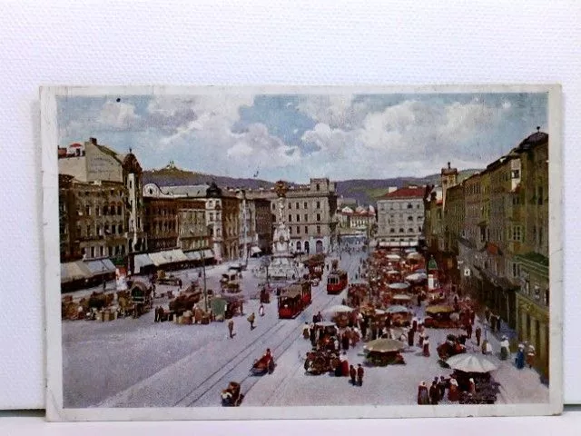 Künstler-AK Linz a. D., Kaiser Franz Josef-Platz; Straßenbahnen; coloriert, 1916