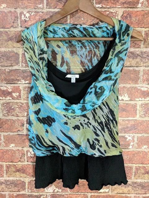 Cache XS Layered Top Blouse Silk Blend Black Blue Metallic Sleeveless