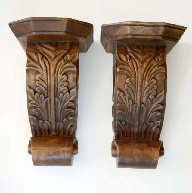 Pr Vintage Wood Carved Curtain Rod Sconces / Corbels-Acanthus Leaf Scroll Design