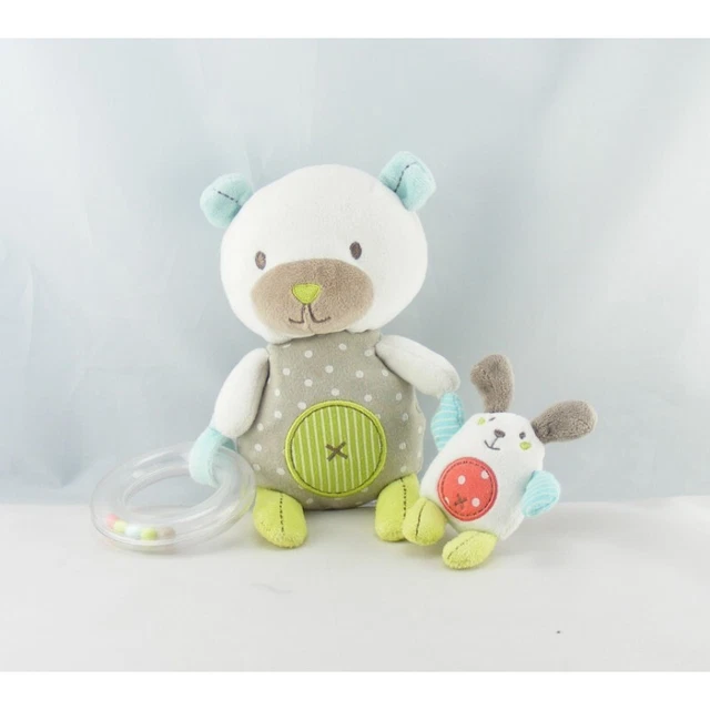 Doudou ours blanc gris vert pois lapin hochet POMMETTE - 11578