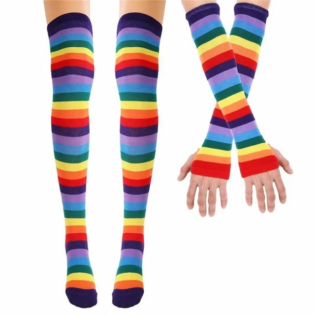 1 Paire Vif Arc-en-Ciel Bas Rayé Haut Cuisse Chaussettes Genou Bras Chauffe Gant