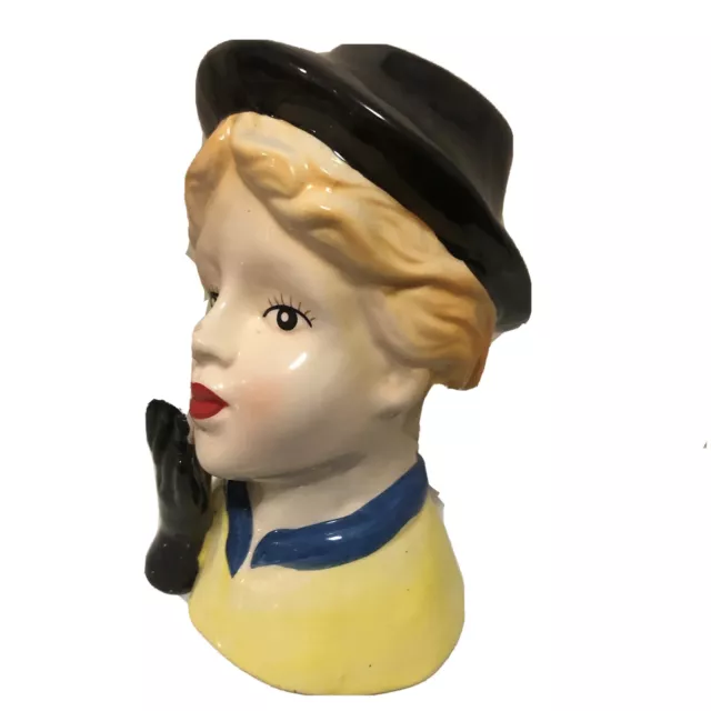 Vintage Crown Ceramics Head Vase Young Lady Wearing Yellow Dress Black Hat Glove 3