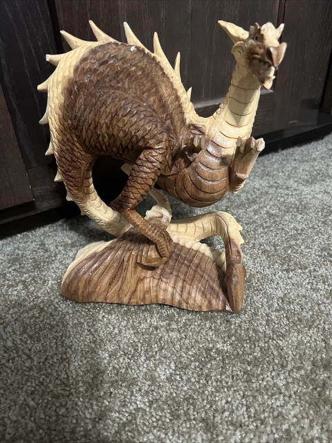 Hand Carved Wooden Dragon Statue (9-inch Tall) Asian Art Decor Standing Unigue