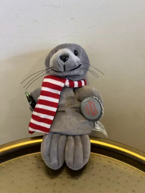 NWT Gray Plush Beanie Animal Seal w/ Scarf & Small Coca Cola Coke Bottle 1997