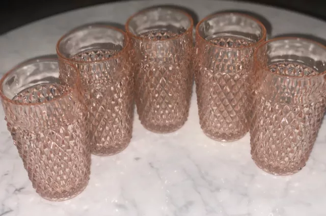 Set Of 5 Vintage Pink Indiana Glass Diamond Point 14oz Tumblers