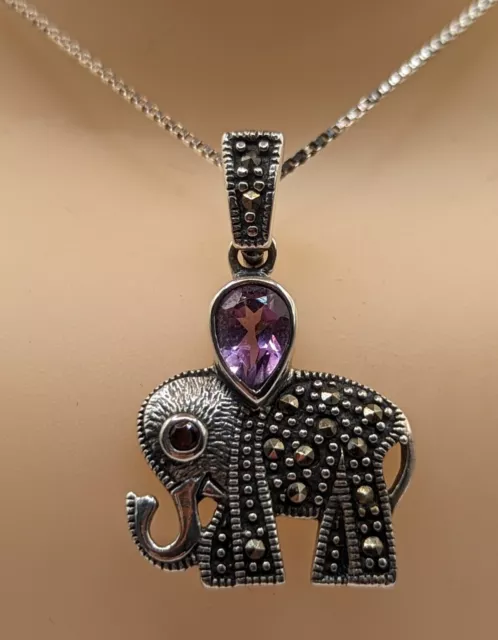 New 925 Sterling Silver Amethyst Garnet & Marcasite Little Elephant Necklace