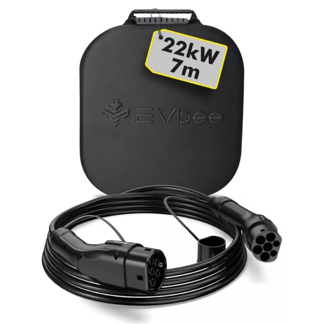 EVbee EV Ladekabel Typ 2 Mode 3 22kW 3-Phasen 32A 7m max. 480V IP55 + Tasche