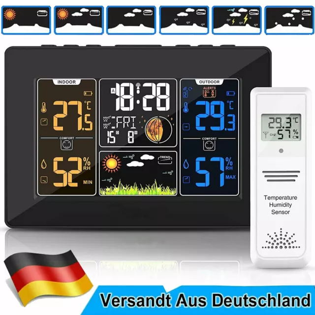 Wetterstation Funk Mit Farbdisplay Thermometer Innen-Außensensor Digitale Wecker