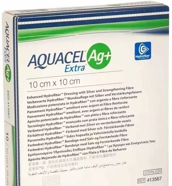 Aquacel AG+ Extra Silver Hydrofiber Wound Dressing 10cm x 10cm  4'' x 4'' 413567