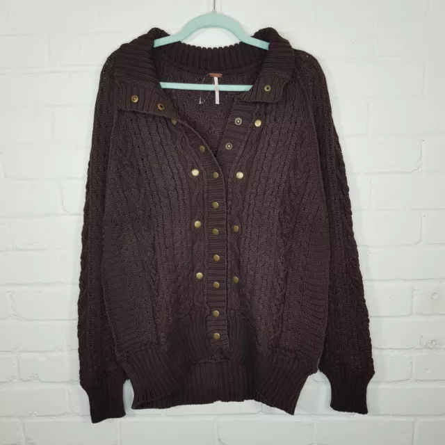 Free People WTF Classic Cable Knit Cardigan Small UK 10 Brown Studded BN
