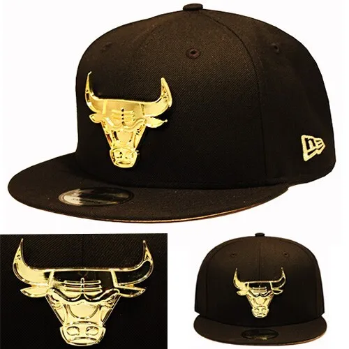 New Era Chicago Bulls Black Snapback Hat NBA Metallic Gold Team Badge Cap