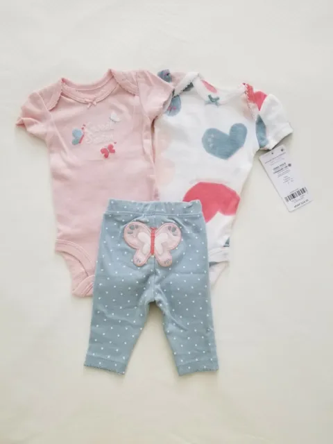 Preemie baby girl 3 pc Carter's pant and two bodysuit "sweet sister" & butterfly