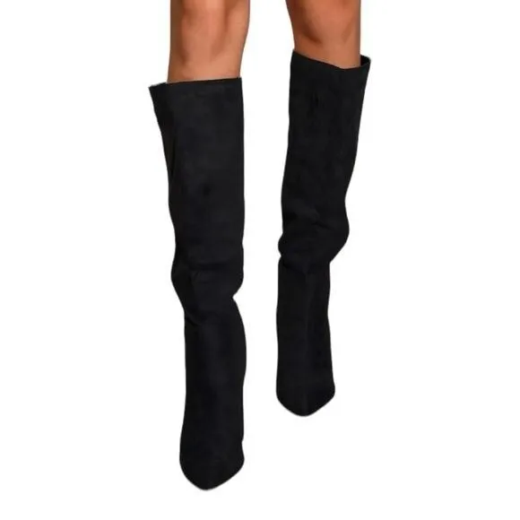 Nine West Black Suede Leather Knee High Boots Size 7 WNSEEMAM Heeled Boots
