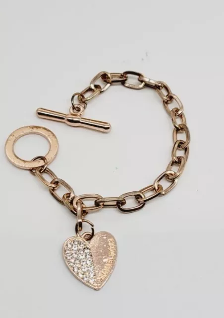 MICHAEL KORS Charm Bracelet Rose Gold tone Pave Crystal HEART Logo