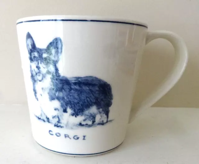 MOLLY HATCH ANTHROPOLOGIE CORGI DOG MUG COFFEE CUP CERAMIC BLUE& WHITE 16oz VGUC