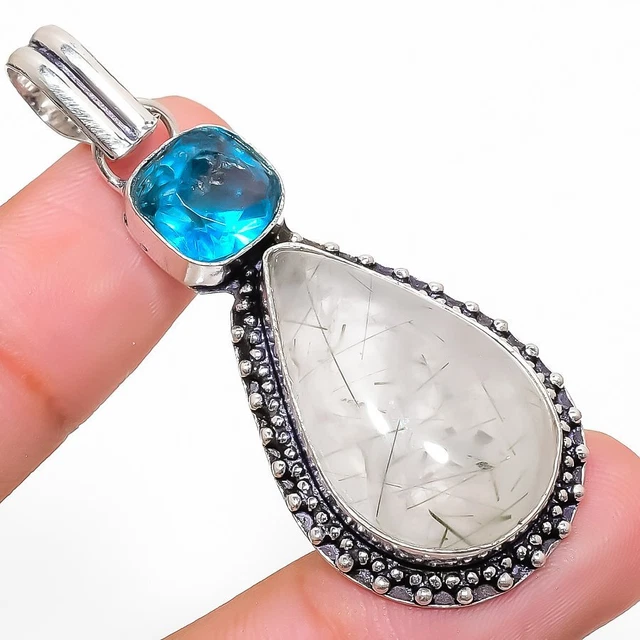 Black Rutile, Topaz Gemstone Handmade 925 Sterling Silver Jewelry Pendant 2.25"