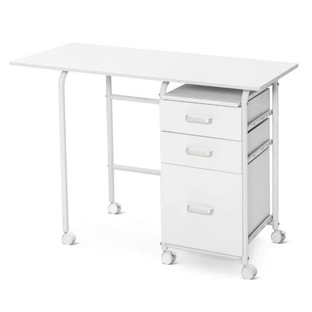 Bureau Pliable avec 3 Tiroirs Table D'écriture Roues Verrouillables avec Cadre