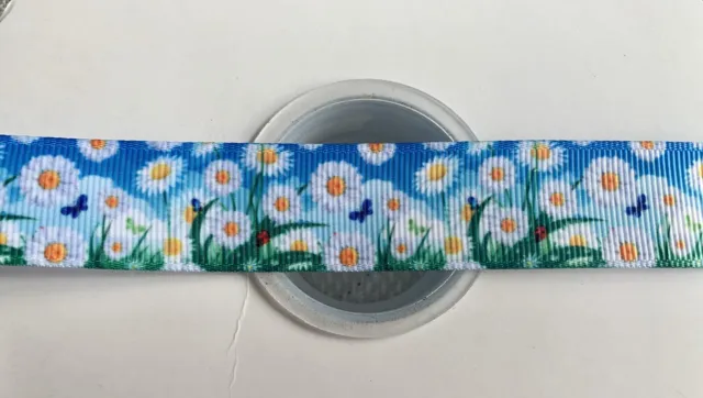 5 X Meters Spring Daisy Flowers 22mm Grosgrain Ribbon, Hair Bows And Crafts