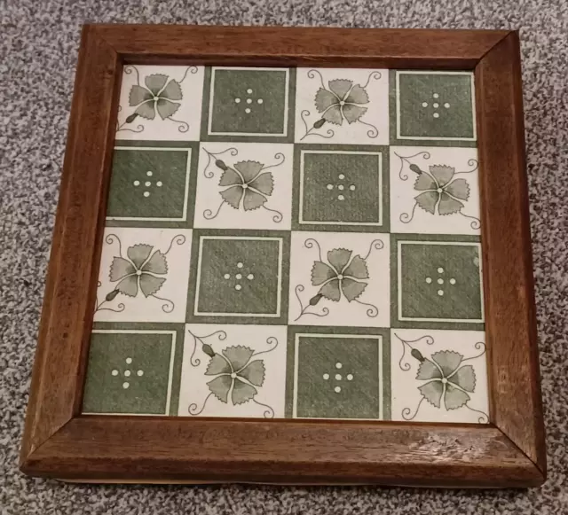 Antique Minton China Works Tile  made into a frame trivet green white