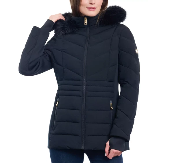 MICHAEL Kors Femmes Noir Chevron Capuche Fausse Fourrure Polyester Manteau Neuf