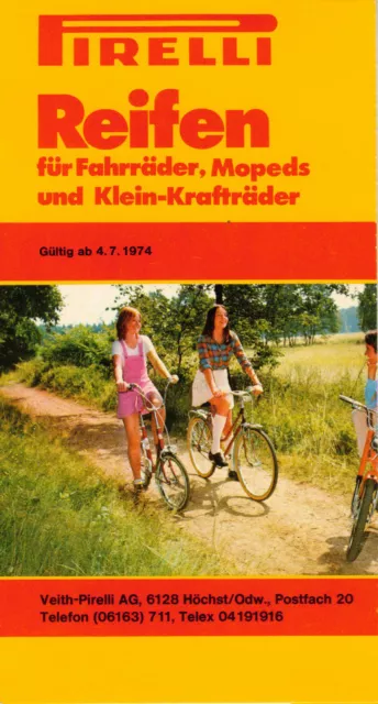 Pirelli Reifen Preisliste G7/74, Fahrrad, Moped, Kleinkraftrad, 4.7.1974 GHandel