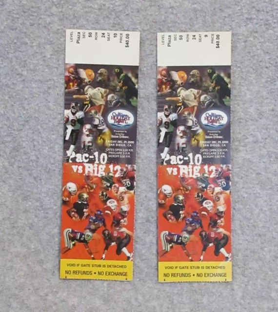 Two  12-29-2000 TICKETS  HOLIDAY BOWL San Diego OREGON DUCKS vs TEXAS LONGHORNS