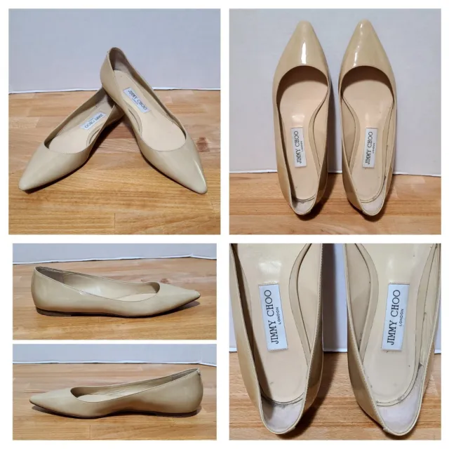 Jimmy Choo Romy Tan Nude Patent Leather Flats Pointed Toe Size EU37.5 US7.5