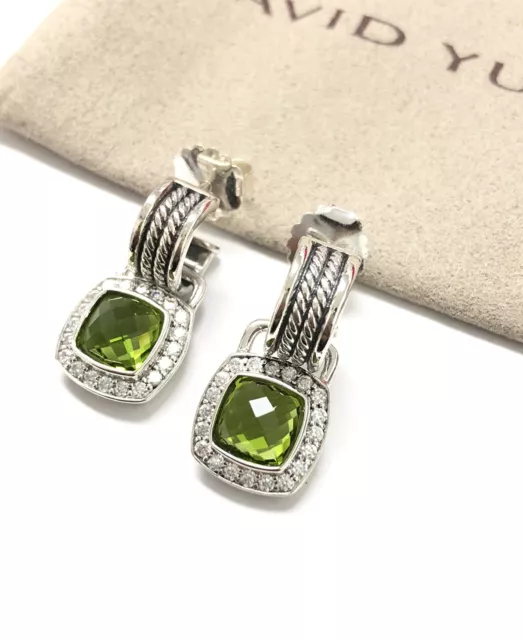 David Yurman Sterling Silver 7mm Albion Drop Earrings peridot w/ Diamonds