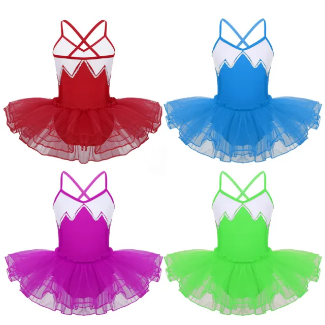 Girls Ballet Tutu Dress Kids Gymnastics Leotard Shiny Bodysuit Dancewear Costume