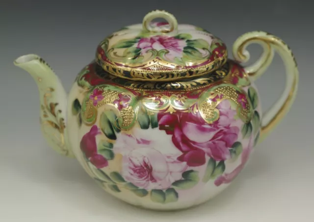 Nippon Teapot Heavy Gold Moriage Hand Painted Pink Roses Antique