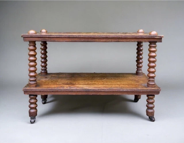 Victorian Antique Oak Turned Bobbin Style Legs Buffet Trolley Side Table Server