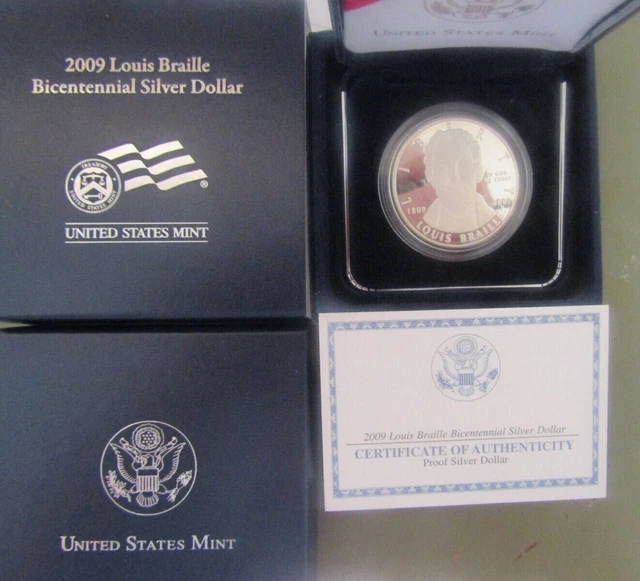 2009 Louis Braille Bicentennial Proof 90% Silver Dollar US MINT Coin Box and COA