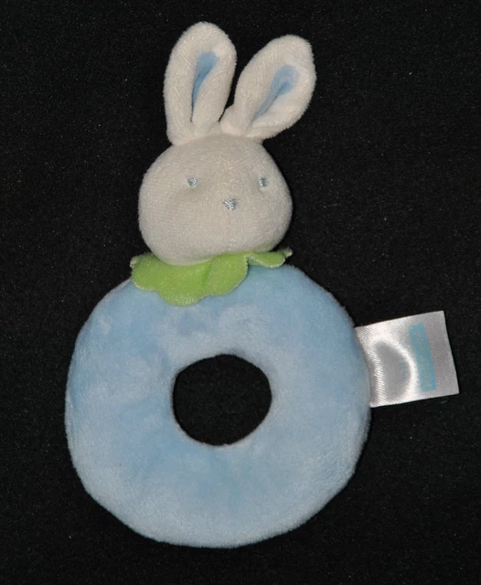 Hochet Lapin Bleu Blanc KLORANE Jouet Col Vert Grelot Rond Peluche Doudou TTBE