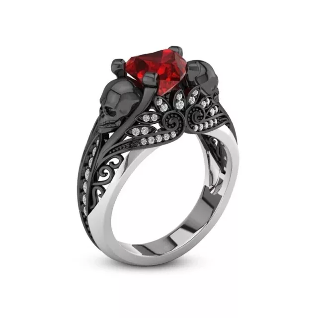 2.00Ct Heart Cut Garnet & Lab Created Diamond Black Skull Lotus Engagement Ring