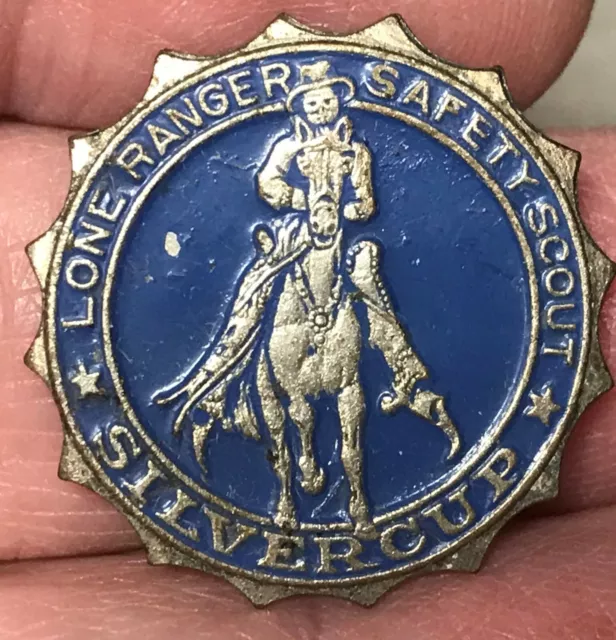 Lone Ranger Horse Safety Scout Silvercup vintage pin 1950s Blue & Silver 1"