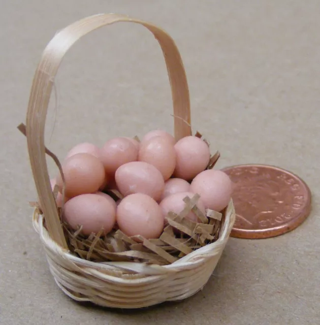 1:12 Scale Bamboo Basket Of 12 Loose Brown Eggs Tumdee Dolls House Chicken Hen