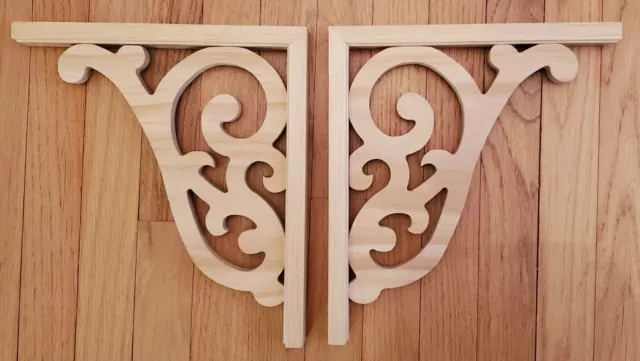 Pair of Pine Wood Victorian Scroll Design Fretwork Porch Brackets Unfinished 2