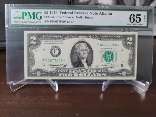 1976 $2 Federal Reserve Note Atlanta  Fr. 1935-F*- PMG 65 EPQ Star note/low S/N!