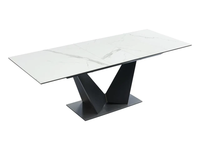 Table Extensible BONIFACIO En Céramique Blanc Statuaire Et Métal Noir - 160 à 240 X 90 Cm, 12-14 Personnes