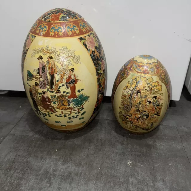 Japanese vtg Eggs hand Painted Satsuma Goso Eggs 12" and 9” Sculptures rare vtg