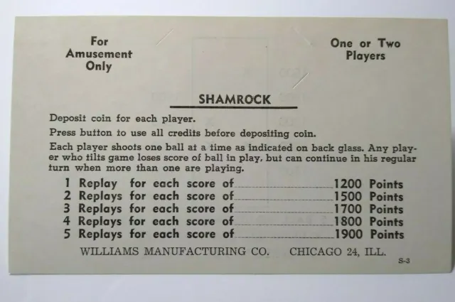 Shamrock 1956 Pinball Machine Score Card Instructions NOS Original S-3