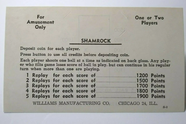 Shamrock 1956 Pinball Machine Score Card Instructions NOS Original S-3