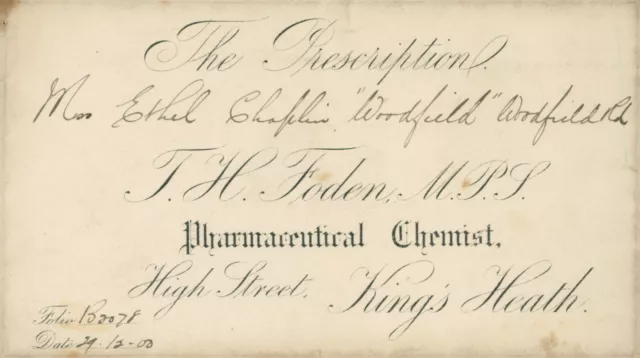 Antique Prescription Envelope T H Foden Chemist High St Kings Heath