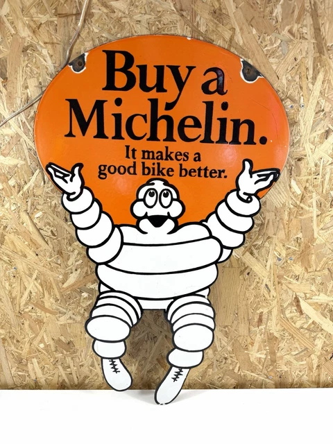 MICHELIN : Plaque émaillée double-face, illustrée du Bibendum en 2