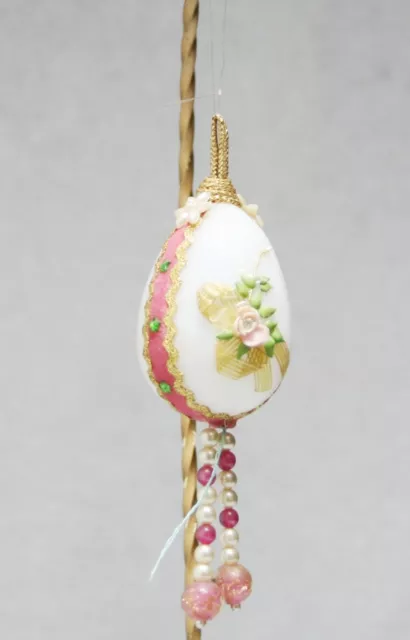 Christmas Tree Ornament Beaded Ribbon Egg Gold White & Pink Rose Daisy