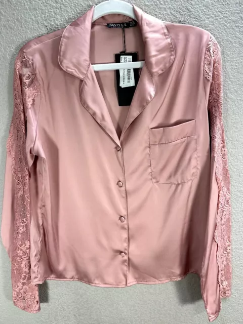 Nasty Gal Mauve Pink Satin Pajama Top Shirt Lace Trim Long Sleeve Size 6 NWT