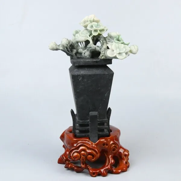 Chinese Exquisite Hand-carved Flowers carving Dushan jade Statue