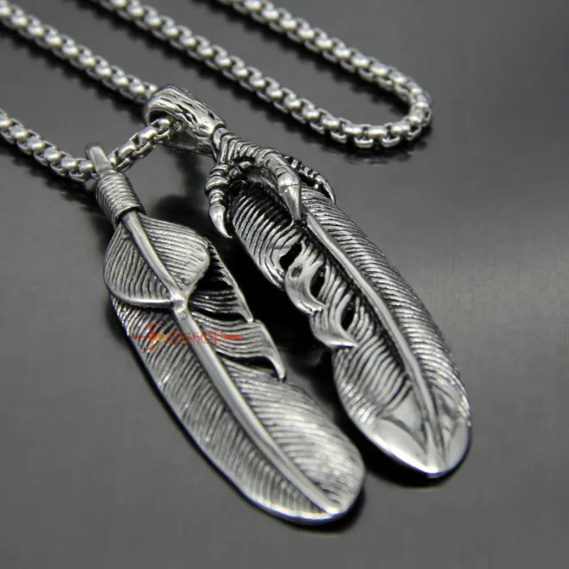 Mens Womens Vintage Stainless Steel Double Feather Claw Pendant Necklace Silver