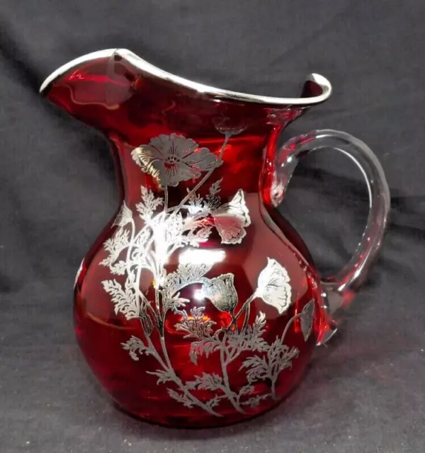 MWT Vtg Ruby Red Hand Blown Silver City Glass Tricorner Pitcher Sterling Overlay