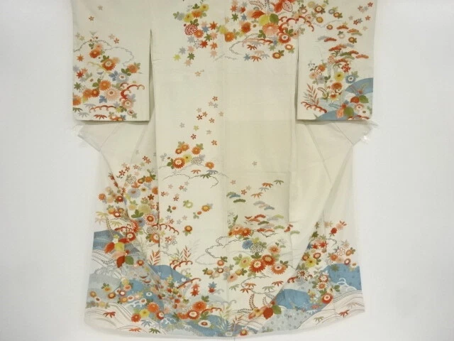 42825# Japanese Kimono / Antique Kimono / Embroidery / Wave & Kiku & Pau